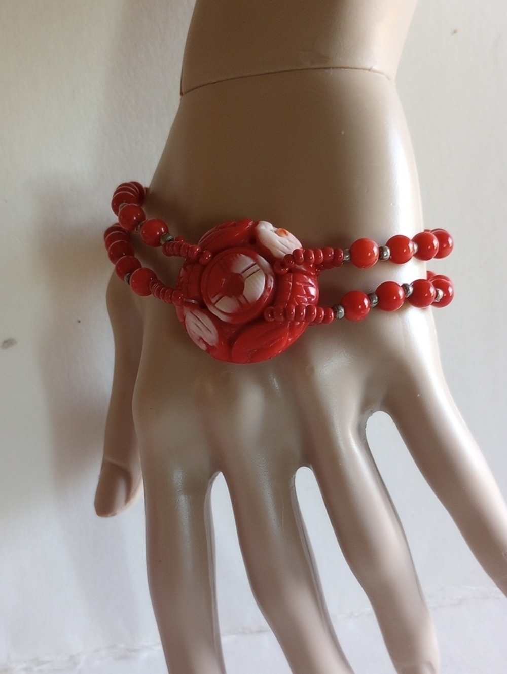 Red Coral Carved Shu Bead Longevity Bracelet 8 " Long.